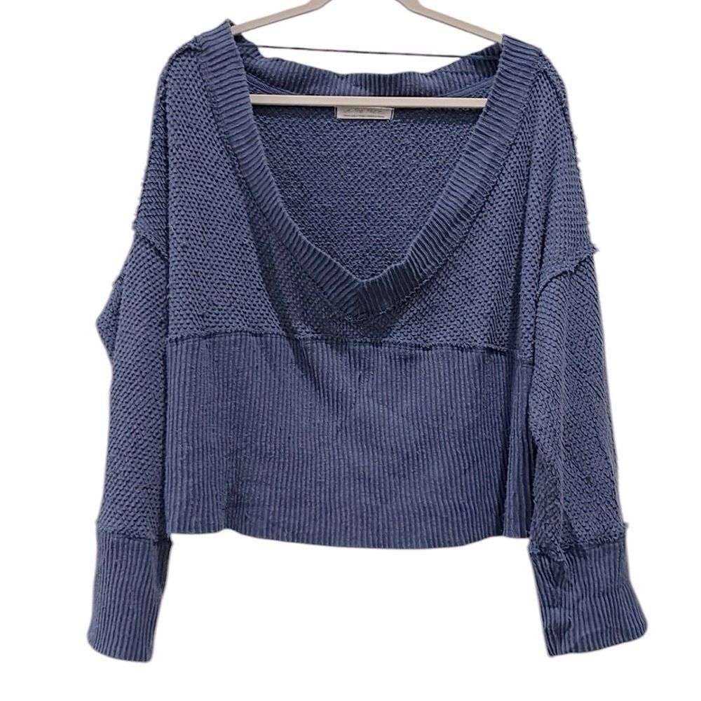Free People Blue Knit V-Neck Sweater